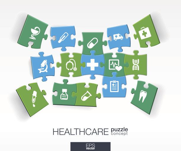 抽象的医学背景与连接的颜色谜题，集成的平面图标。图片下载