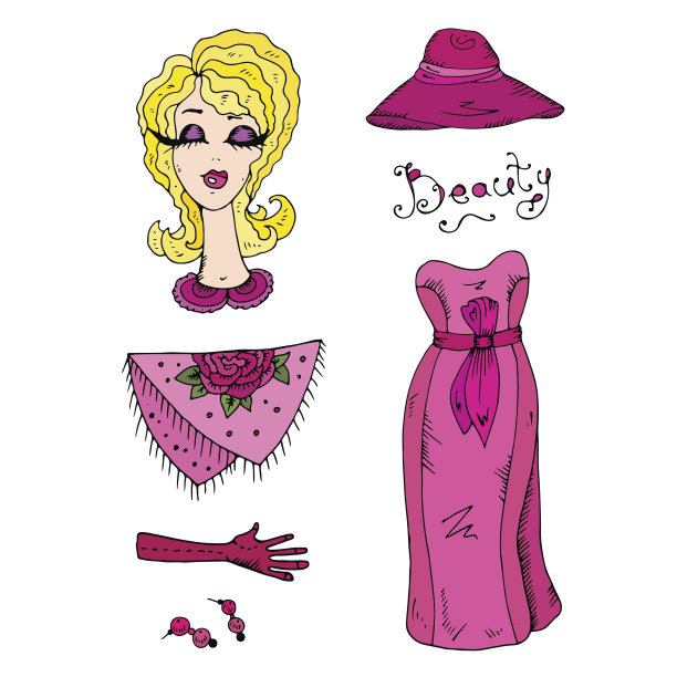 矢量手绘一套时尚女装及配饰。图片下载