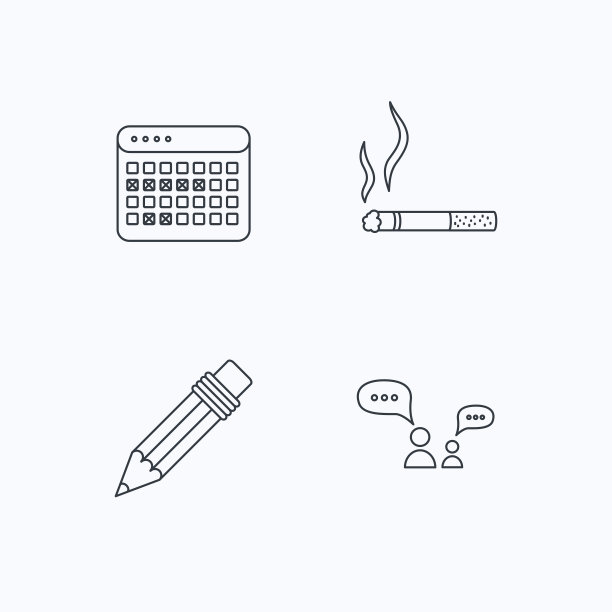 对话、铅笔和吸烟图标。图片下载