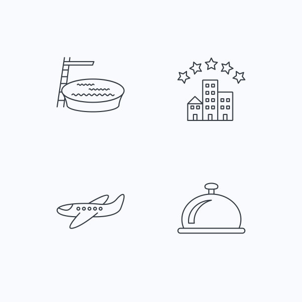 酒店、游泳池和飞机的图标。图片下载