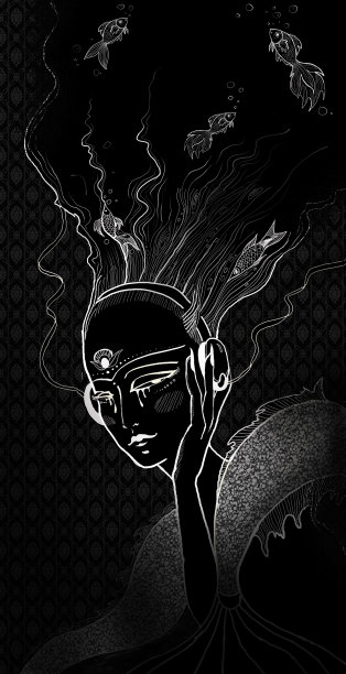 女孩在听音乐。一个女孩和一条鱼的肖像。美人鱼。图片下载