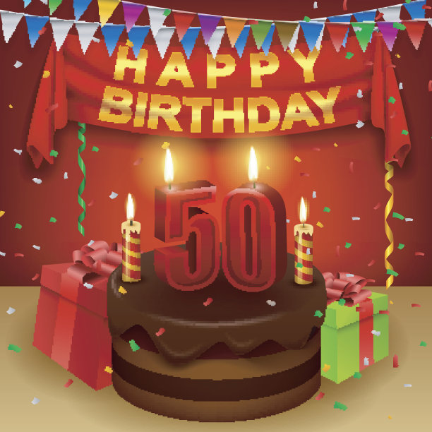 50岁生日快乐，巧克力奶油蛋糕和三角旗图片下载