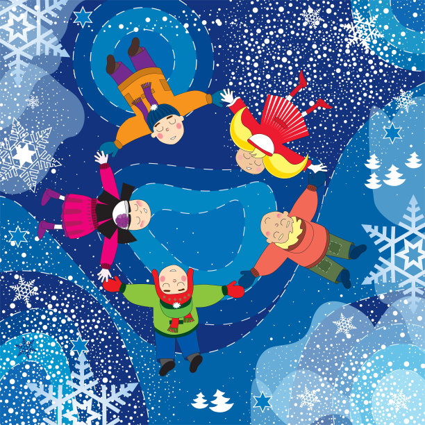 快乐的孩子们在冬夜里飞翔，做梦。图片下载