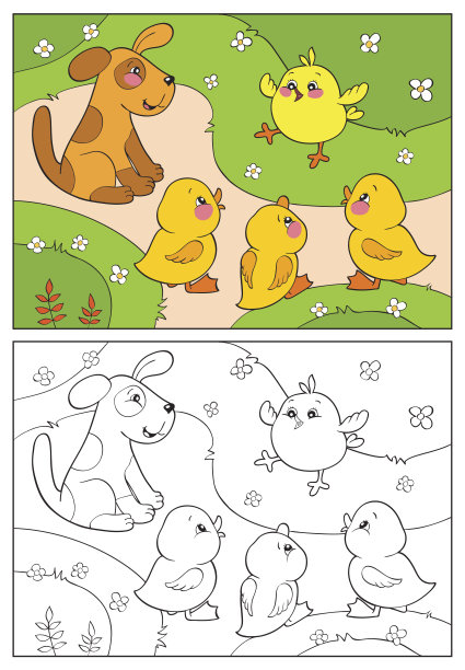 彩色的书。一只黄色的小鸡为鸭子和小狗欢呼。图片下载