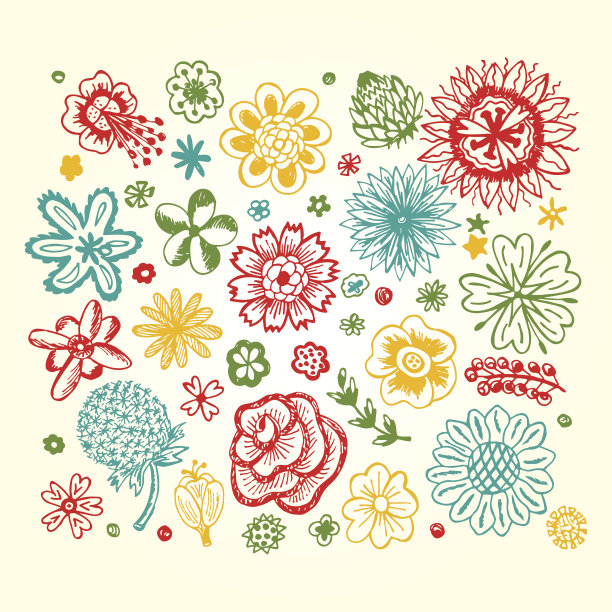 色彩鲜艳的花朵。矢量集手绘涂鸦花。图片下载