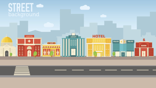 平面彩色向量建筑设置。图标背景概念设计素材图片