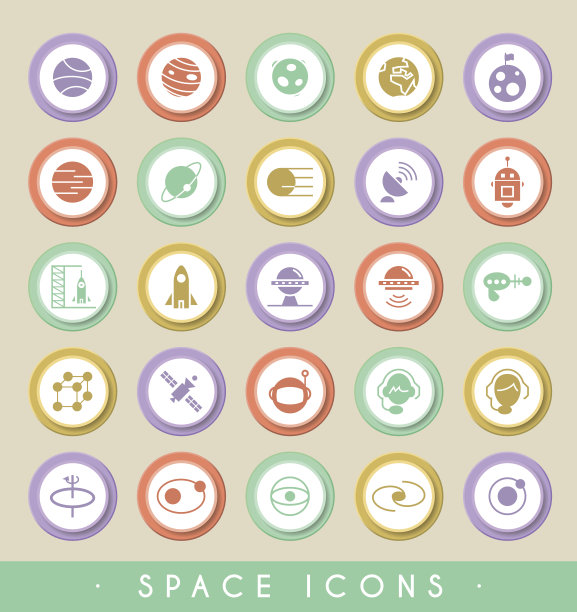 一组圆形彩色按钮上的空间图标。图片下载
