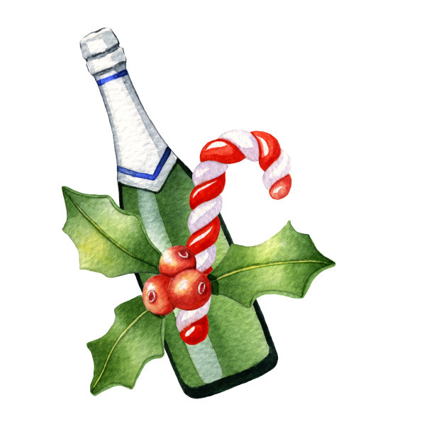 用香槟、糖果和冬青浆果做成的圣诞水彩画图片下载