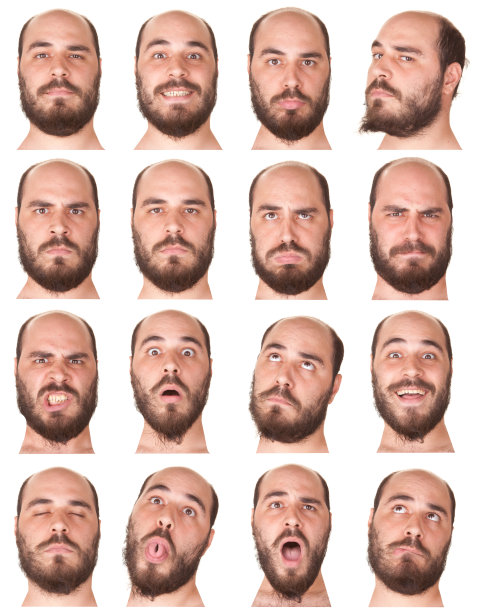 表情丰富的棕色短发男子情感集上白色图片下载