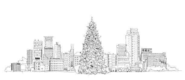 金丝雀码头商业咏叹调和圣诞树，伦敦，素描收藏图片下载