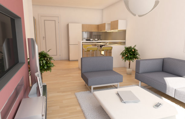 极简现代客厅和厨房室内设计图片下载