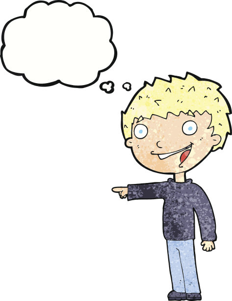 卡通快乐的男孩笑着用思想泡泡图片下载