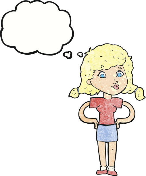 卡通漂亮的女孩与手在臀部与思想泡沫图片下载