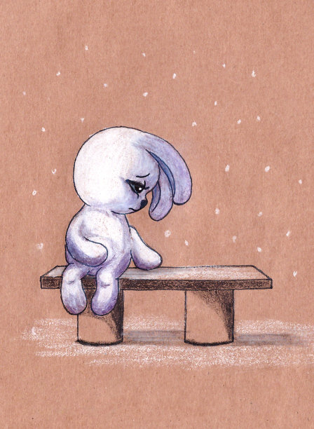 悲伤的兔子坐在长凳上，用栅格画图。图片下载