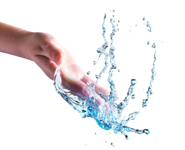 手与水飞溅隔离在白色背景图片下载