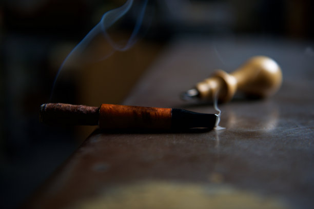 抽着托斯卡诺雪茄烟，烟嘴在荆棘和锥子模糊图片下载