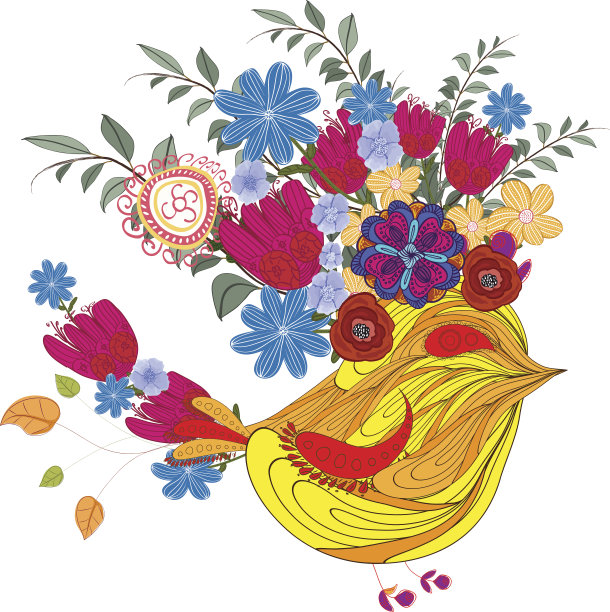 手绘的鸟与花卉头花环图片下载