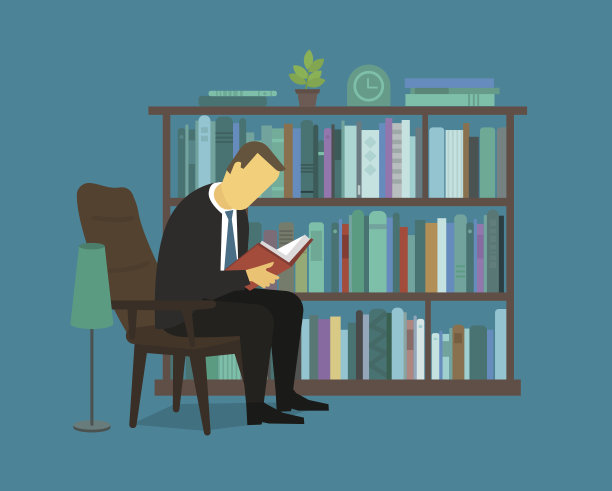 坐在椅子上看书的人。图书馆和书架上放着书。图片下载