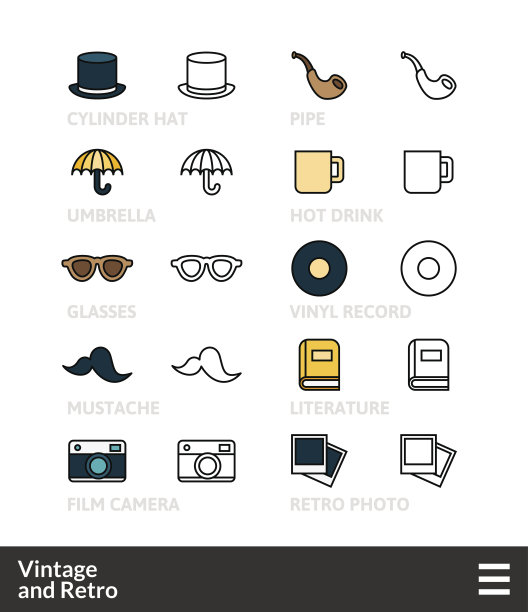 黑色和彩色轮廓图标，细描线条风格设计图片下载