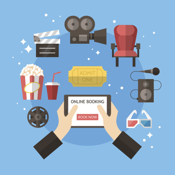 电影院网上预订概念。电影和电影平面图标图片下载