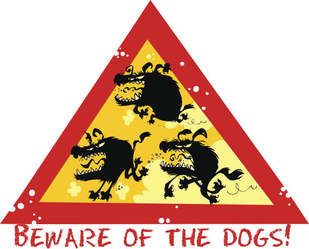 小心狗的滑稽标志。图片下载