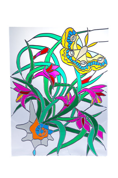 黄色蝴蝶和红色花朵-彩色玻璃图片下载