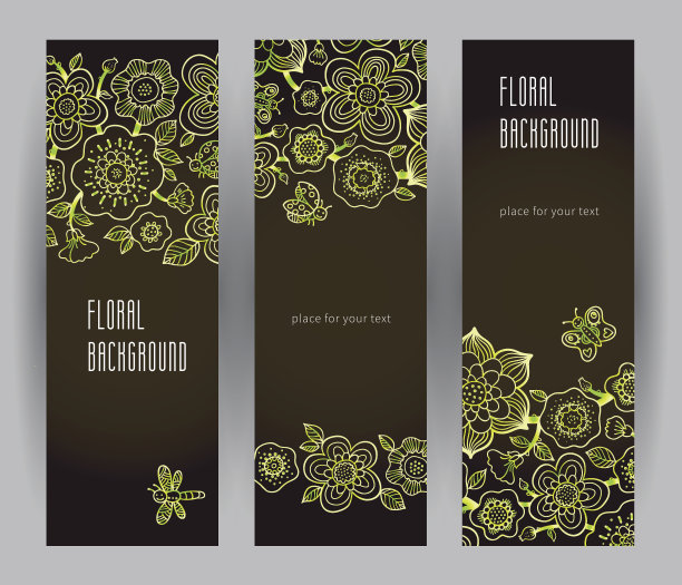 线条艺术风格的老式花卉卡片。图片下载