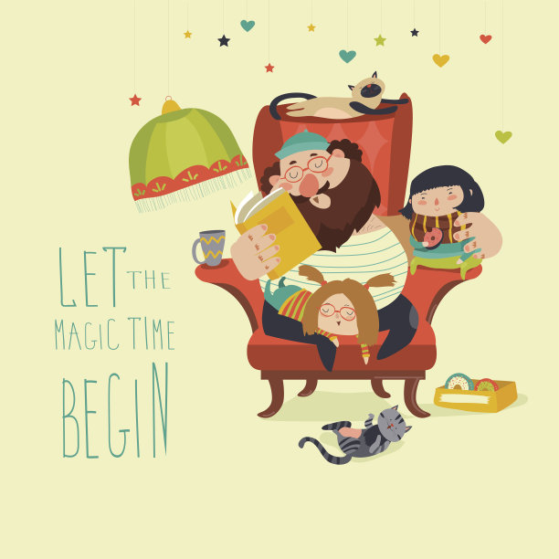 父亲在给女儿们读书素材图片