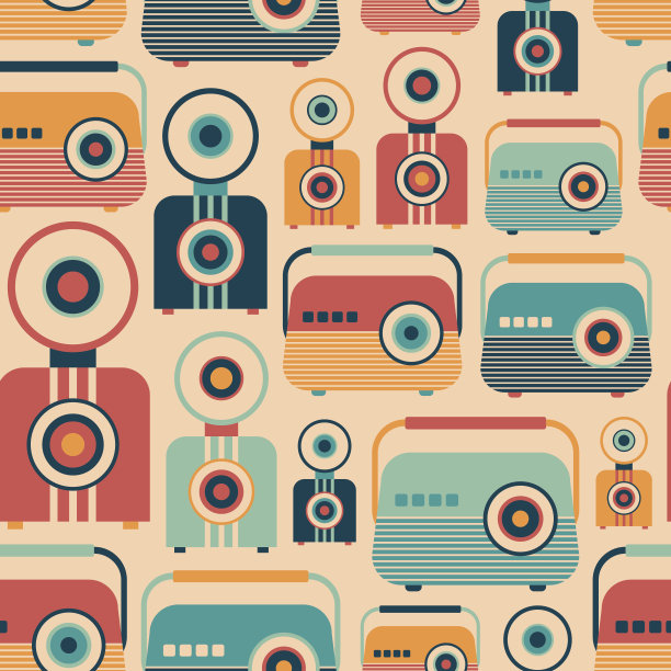 无缝图案与彩色复古收音机和照相机。图片下载