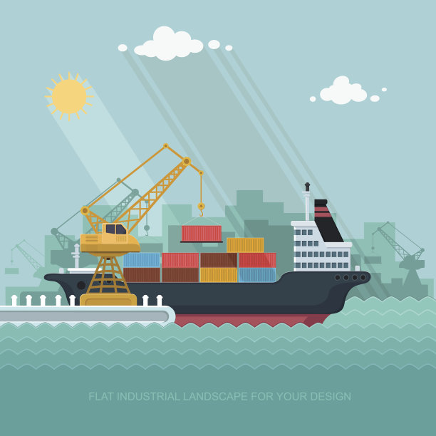 景观海港。起重机卸载。载体,船。平面向量插图图片下载