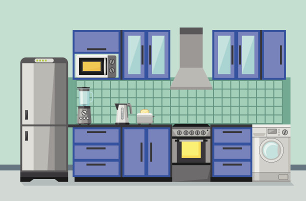 厨房内部配备电器和家具。平的风格。图片下载