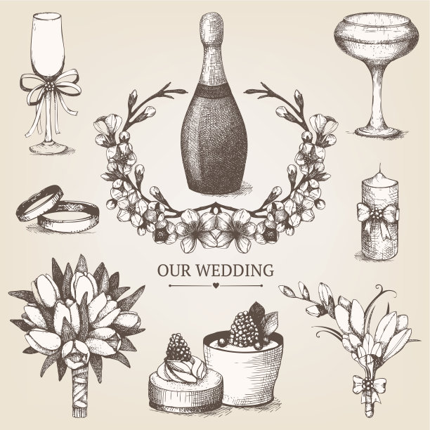 矢量复古一套婚礼元素和手绘插图。图片下载