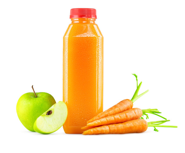 鲜榨胡萝卜苹果汁在瓶子上的白色背景图片下载