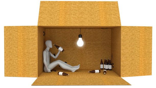 3D男人喝醉了，瓶子在盒子里图片下载