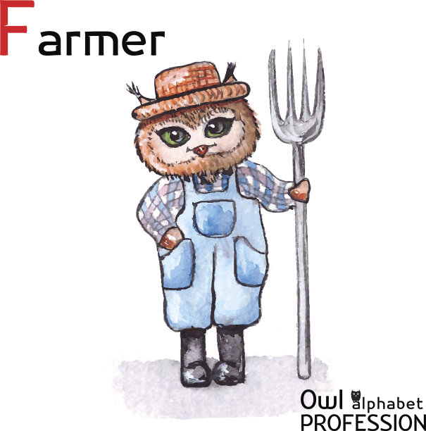字母专业猫头鹰农民角色矢量水彩。图片下载