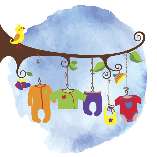 婴儿出生的衣服挂在树上。Watersolor天空图片下载