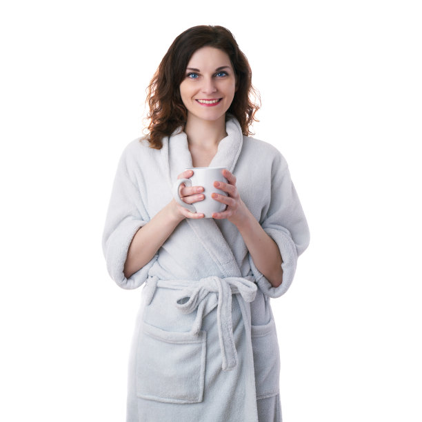 年轻女子在浴衣在白色孤立的背景图片下载