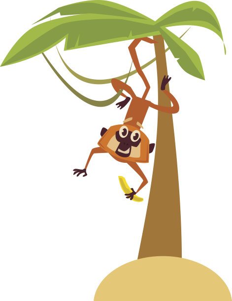 猴子坐在棕榈树上。矢量平面插图素材图片