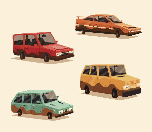 一套肮脏的老式美国汽车。卡通矢量图图片下载