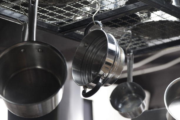 挂在厨房里的平底锅图片下载