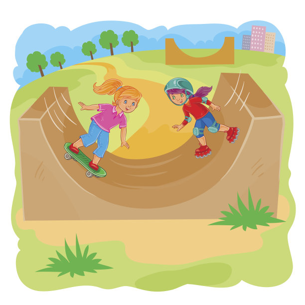 两个女孩用旱冰鞋和滑板骑车图片下载