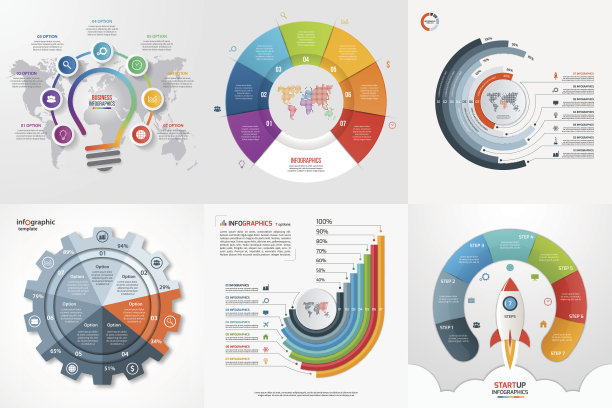 一组6个信息图7选项，步骤，零件，过程模板。图片下载