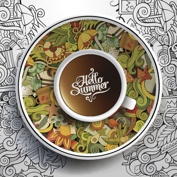 一杯咖啡和夏日手绘涂鸦图片下载