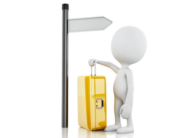 3d白人带着旅行箱和空白路标。图片下载
