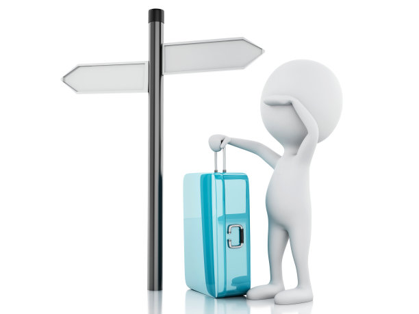 3d白人带着旅行箱和空白路标。图片下载