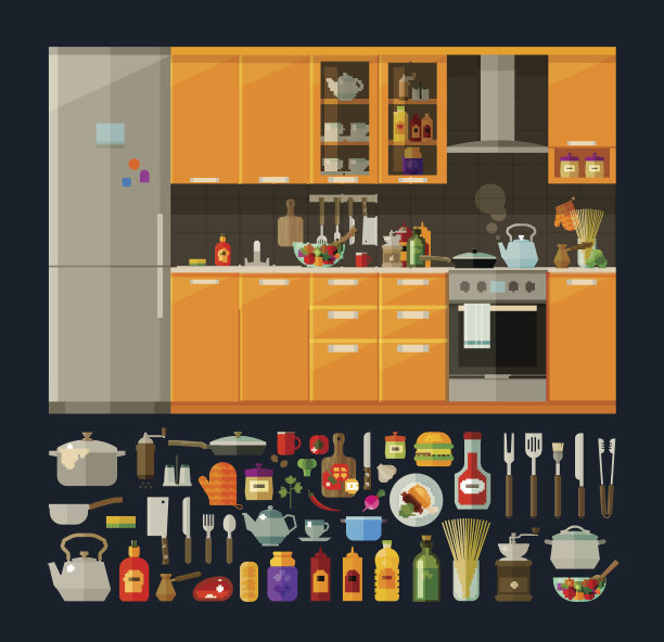 烹饪的图标集。现代厨房家具、厨具、食品。向量图片下载