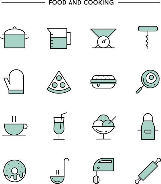 一套平面设计，细线食品和烹饪图标图片下载