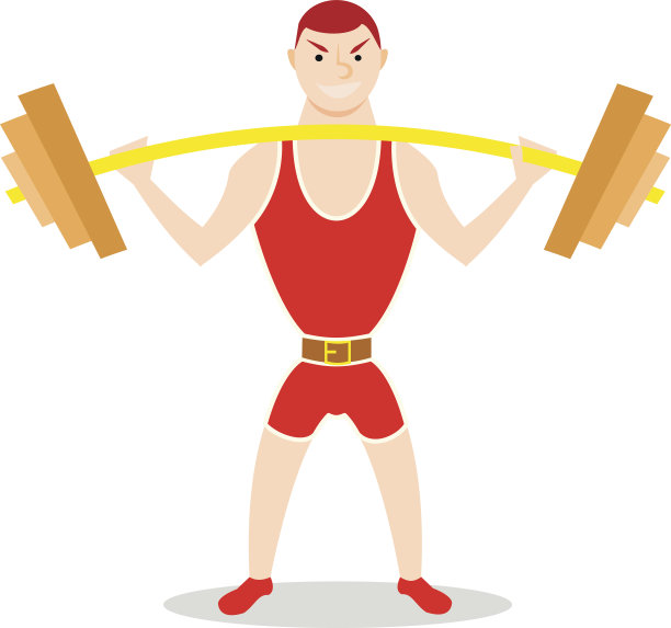 卡通男子杠铃练习:下蹲，硬举，头顶压。图片下载