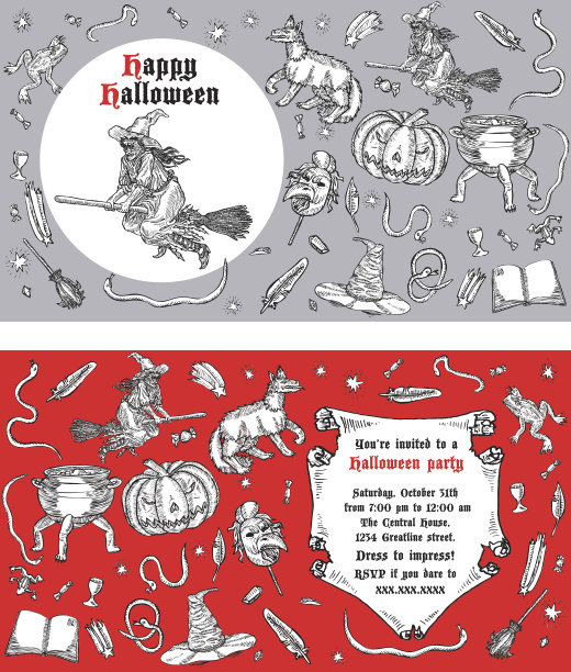万圣节的水墨线条插图。图片下载
