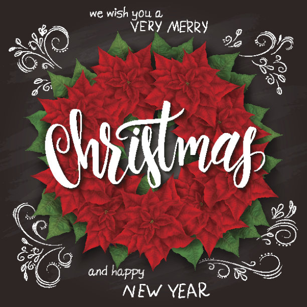 现实圣诞一品红花花环与字母圣诞标签图片下载